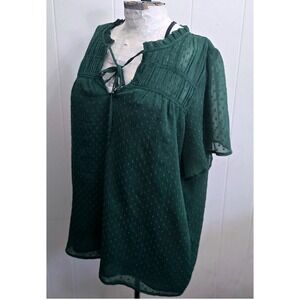 LOFT Women's Green Swiss Dot Ruffle Neck Tie Keyhole Short‎ Sleeve Blouse M Bobo